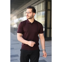 Erkek Çizgi Detaylı Yakalı Triko Tişört Koyu Bordo