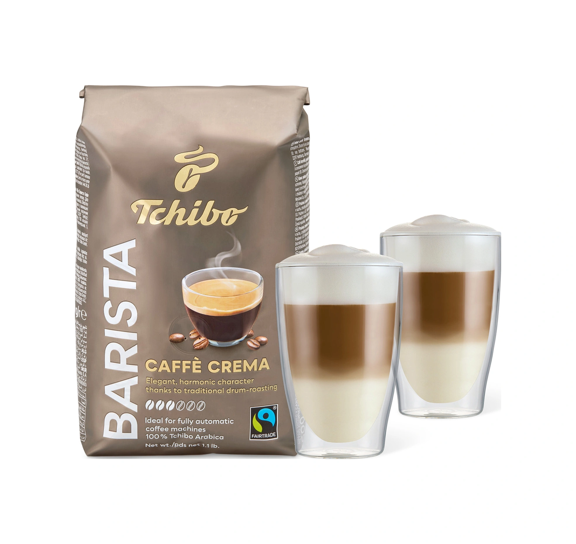 Tchibo Barista Caffè Crema Çekirdek Kahve 500 G & Çift Cidarlı Latte Macchiato Bardağı, 2'li Çekirdek Kahve
