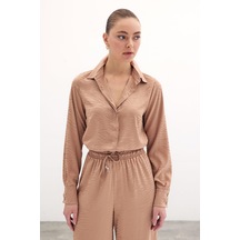Sateen Desenli Düz Klasik Gömlek - Camel