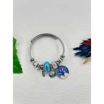 Bhs Life Kadın Charm Mavi Renk Kristal Taşlı Hayat Ağacı Çelik Bileklik Mavi