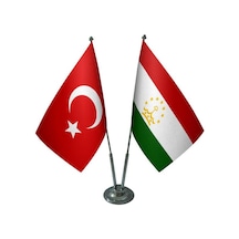 Masa Üstü Tacikistan Bayrağı Türk Bayrağı İkili Krom Direk Masa B