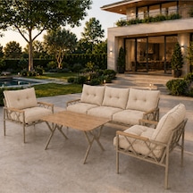 Miray Cappuccino 311 Masalı Bahçe & Balkon Oturma Grubu 3+1+1 Metal İskelet, Bej Minderli