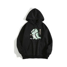 Startmore Cartoon And Korean Letter Graphic Drawstring Lined Hoodie Siyah Siyah