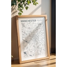 Manchester İngiltere Haritası Çerçeveli Tablo Lüks Salon Ofis Duvar Dekorasyonu Hediyelik Tablo Kayın