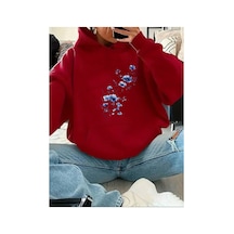 Herkesemoda Mavi Çiçekler Baskılı Kapüşonlu Sweatshirt Kırmızı