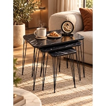 Odera Bendir Siyah Mermer Desenli Zigon Sehpa 3'lü Set Metal Tel Ayaklı Modern Retro Salon Sehpası Diğer