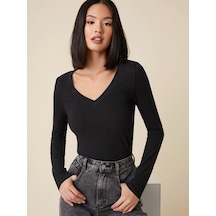 Nnstartshopping Kadın Siyah V Yaka Uzun Kollu Bluz Siyah