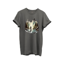 Balık Tutma Temalı Kampçı Desenli %100 Pamuk Regular Fit Unisex T-shirt Gri