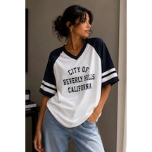 Bbbutikbasic Baskılı Oversize V Yaka Salaş Tişört My3535 Beyaz