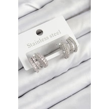 Pirinç Zirkon Taşlı Kıvrımlı Model Gümüş Renk Kadın Küpe Çok Renkli