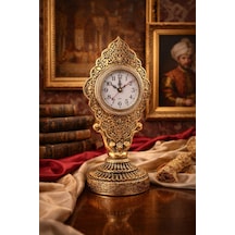 Nostaljik Vintage Taş İşlemeli Kabartmalı Lüks Altın Renk Dekoratif Salon Ve Ofis Masa Saati 29 Cm Gold