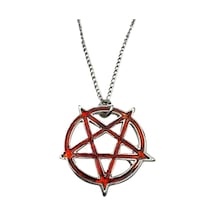 Kırmızı Yuvarlak Pentagram Yıldız Figürlü Unisex Kolye 60 Cm Zincirli Gotik Çok renkli
