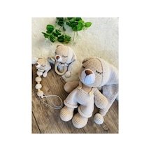Adenya Sepeti Sepeti Masal Ayıcık Set Bej Renk Örgü Amigurumi Oyuncak + Diş Kaşıyıcı + Emzik Askısı