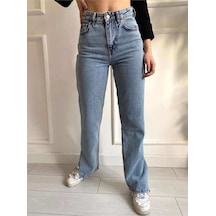 2035 Kadın Likralı Yanı Yırtmaçlı Bol Paça Jeans Kot Denim Pantolon Kar Yıkama
