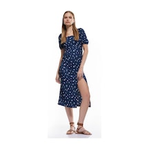 Koton Kısa Balon Kollu Sırtı Bağcıklı Bodycon Çiçekli Yırtmaçlı Midi Elbise Bürümcük Lacivert Desenli 5sal80047ık Lacivert Desenli