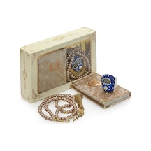 Lacivert Taşlı Zikirmatik - Mini Kadife Yasin - İnci Tesbihli Hediyelik Set - Gold Renk