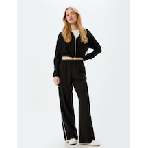 Koton Krep Scuba Kumaş Bomber Crop Fermuarlı Sweatshirt Siyah 5wak10045ek