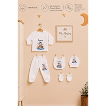 Pia Baby Kişiye Özel Erkek Bebek Zıbın Seti 5'li %100 Pamuk İsimli Organik Baskılı 1102zyx Krem