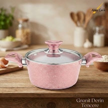 18 Cm Granit Derin Tencere Cam Kapak - Pembe Pembe