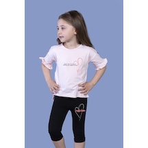 Toontoy Kids Toontoy Kız Çocuk 2'li Takım Baskılı Bisiklet Yaka Kolu Fırfırlı T-shirt & Basic Düz Crop Tayt Pudra