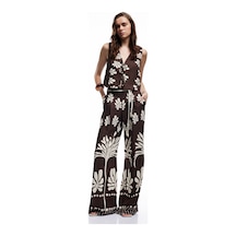 Koton Astarlı Keten Karışımlı Bağlama Detaylı Fiyonklu V Yaka Çiçekli Crop Yelek Kahverengi Desenli 5sak20126ew Kahverengi Desenli