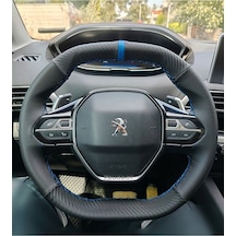 Dikişli Direksiyon Kılıfı Karbon Noktalı Mavi Yüzük Mavi Dikişli Peugeot 3008 2008 Renkli