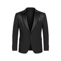 Plus Scorpion Erkek Siyah Taş Detaylı Saten Yaka Blazer Ceket Özel Tasarım Şık Damatlık & Gece Kombini Siyah