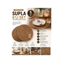 6 Lı Doğal Dokulu Supla Seti El Yapımı Hasır Görünümlü Dekoratif Sofra Ve Servis Altlığı Kahverenği