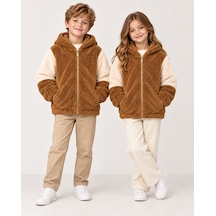 Luess Unisex Çocuk Kahverengi Ekru Peluş Kapüşonlu Fermuarlı Mont / 4-12 Yaş Sütlü Kahve