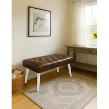 Waterybrook Bench Bank Puf - Suni Deri - Beyaz Ahşap Ayaklı - Retro Modern Tasarım & Dekoratif Sehpa Kahverengi