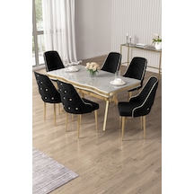 Canisa Vae Serisi 90x160 Lak Panel Beyaz Mermer Desen Gold Ayak Masa Takımı 6 Siyah Sandalye Beyaz Mermer Desen Masa Sandalyeler Siyah