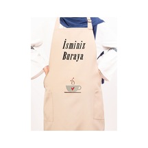 Mutfak Önlüğü Kişiye Ve İsme Özel Nakışlı Mutfak Önlüğü Kalpli Kupa Farklı Renkler Krem