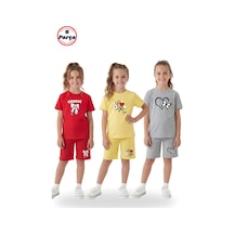 Panios Kids 3'lü Yuvarlak Yaka Tişört Renkli Kapri Baskı Detaylı 6 Parça Kız Çocuk Alt Üst Takım Kırmızı - Sarı