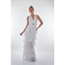 Dori V Yakalı Kat Kat Şifon Abiye Elbise 221kb3039 Beyaz