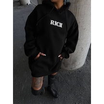 Uzun Kol Kapşonlu Göğüs Baskılı Sweatshirt - Siyah