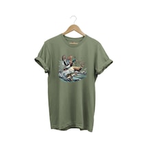 Avcılık Temalı Geyik, Ördek Ve Balık Tasarımlı %100 Pamuk Unisex Regular Fit T-shirt Haki