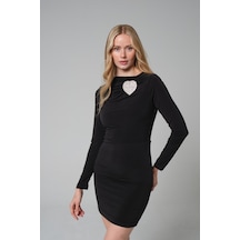 Mayrem Slim Fit Kalıp Taşlı Esnek Kadın Kısa Elbise SIYAH