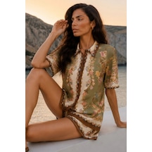 Asprinfashion Kadın İthal Çiçek Desenli Gömlek Şort Takım Oversize Yazlık İkili Takım Haki Yeşil