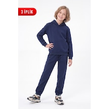 Panios Kids 3 İplik Düz Kışlık Kanguru Cepli Kapüşonlu Kız Çocuk Eşofman Takımı Lacivert