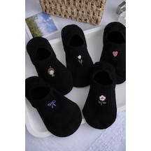 Hitit Socks Kadın 5 Çift Premium Kalite Fiyonk Çiçek Ve Kalp Desenli Görünmez Babet Çorap Siyah