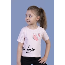 Toontoy Kids Toontoy Kız Çocuk Kelebek Baskılı Taş İşlemeli Tişört Pudra
