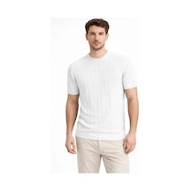 Erkek Yazlık Fitilli Triko Tişört Kısa Kol Bisiklet Yaka T-shirt - Beyaz