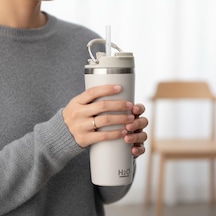 660 Ml Pipetli Paslanmaz Çelik Termos Kupa - 4 Renk Seçeneği Krem, Yeşil, Siyah, Mavi - Büyük Boy Venti Sıcak Ve Soğuk Tutan Mug Krem Açık Beyaz