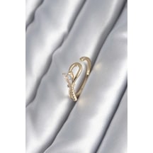 Pirinç Gold Renk Zirkon Taş Detay Kurdele Model Kadın Yüzük Çok Renkli