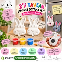 2 Li Tavşan Magnet Boyama Seti Taş Tozu Kendin Boya 3 Renk Ve Fırçalı Hobi Seti 7x5 Cm