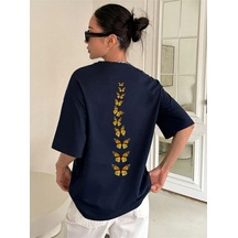 Unisex Pamuklu Sırt Kral Kelebek Baskılı Tasarım Tshirt Lacivert