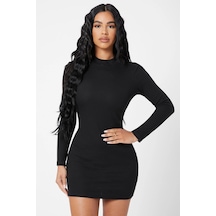 Ang Butik Kadın Siyah Kaşkorse Balıkçı Yaka Uzun Kollu Bodycon Mini Elbise