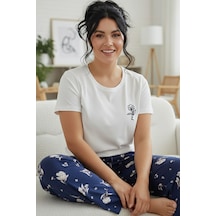 Siyah İnci Desenli Pamuklu Büyük Beden Battal Boy Örme Pijama Takım 26113869 Ekru