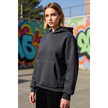 Benerly Kadın Kapüşonlu Düşük Kol Uzun Kollu Relaxed Kalıp Sweatshirt Fon Antrasit