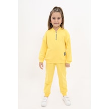 Toontoy Kids Toontoy Kız Çocuk 2'li Takım Baskılı Kolej Yaka Fermuarlı Cepli Sweatshirt & Beli Paçası Ribanalı Jogger Eşofman Altı - Nervürlü & 2 İplik Sarı